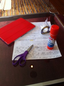 The "I'm hopeless because real writers use simple 'cut' and 'paste' commands on their computers, yet I need tape, glue sticks and scissors" stage.